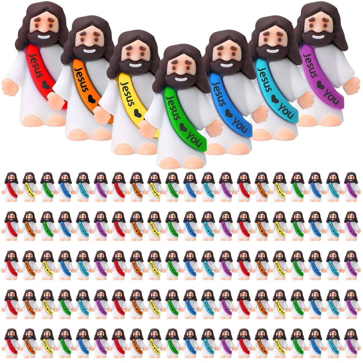 Bememo front view of 100 mini Jesus figures showing colorful pack and quantity, cheerful gifting
