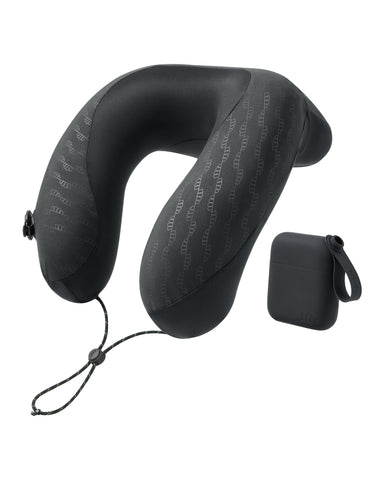 BENEUNDER front view of black inflatable neck pillow showing ergonomic shape and comfort