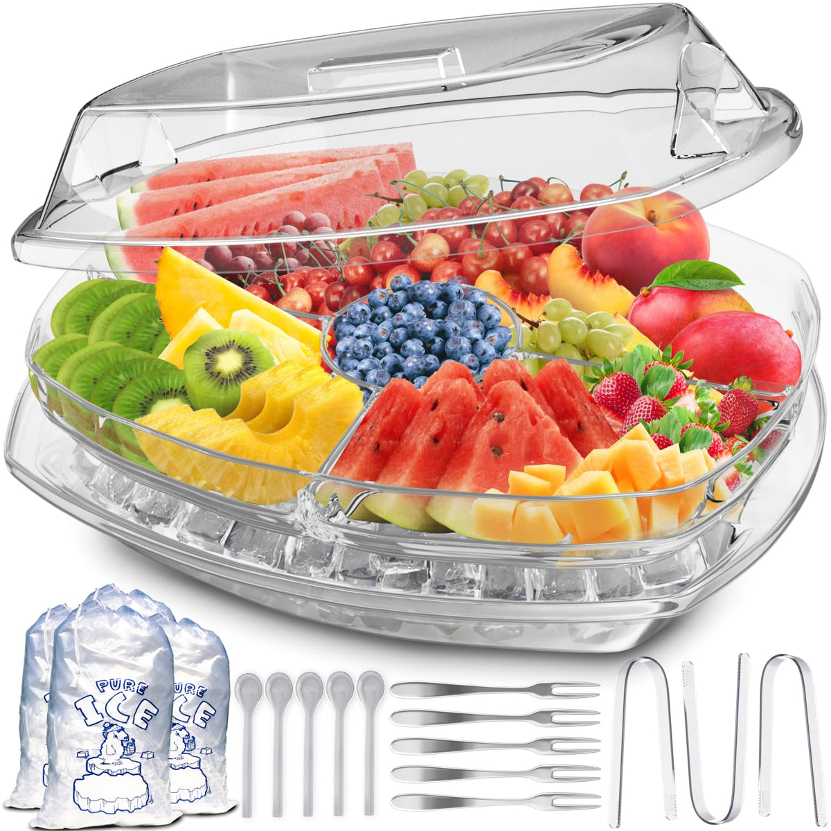 Benicci front view of 15-inch chilled serving tray showing generous capacity and clear lid