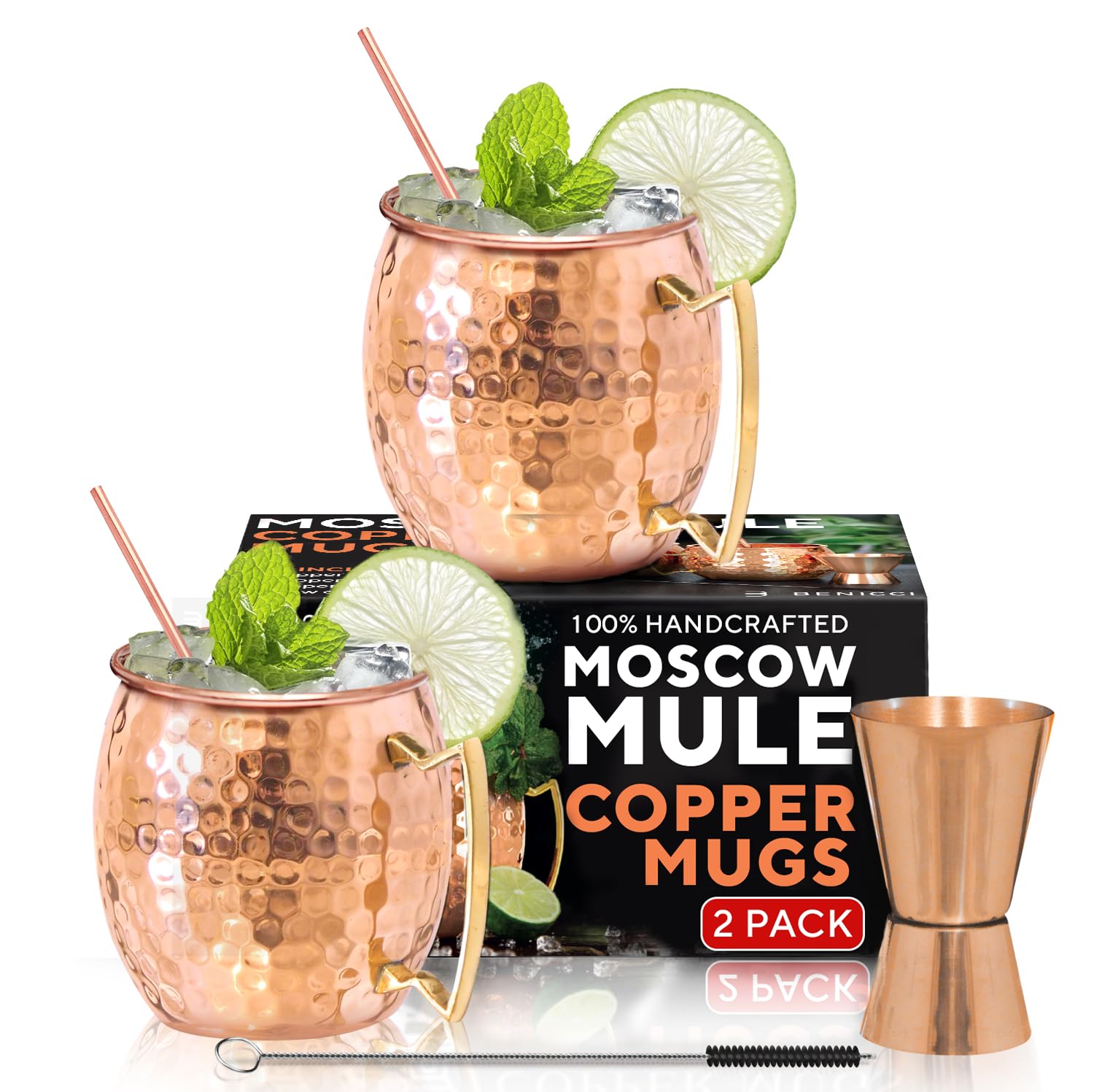 Benicci front view of two copper mugs showcasing elegant finish and visual appeal