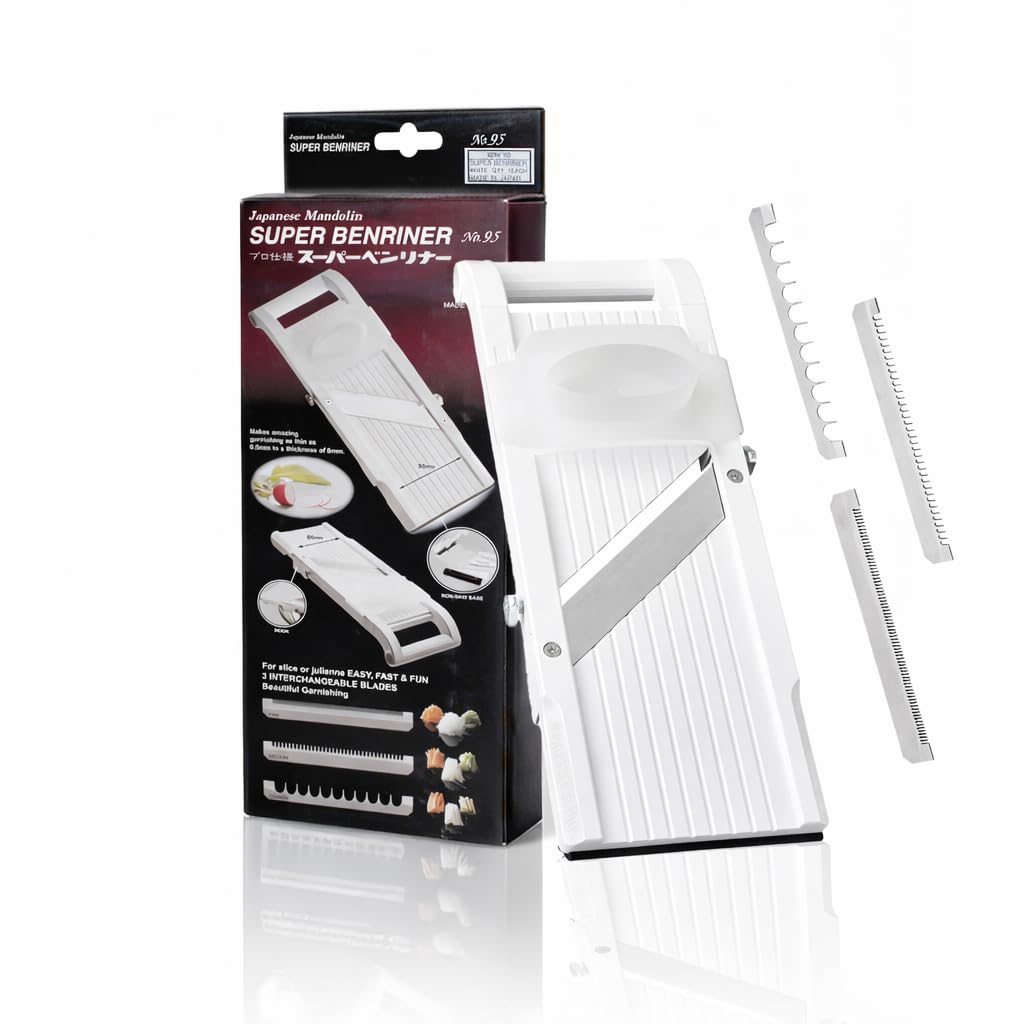Benriner mandoline front view showing full slicer and benefits of uniform cuts