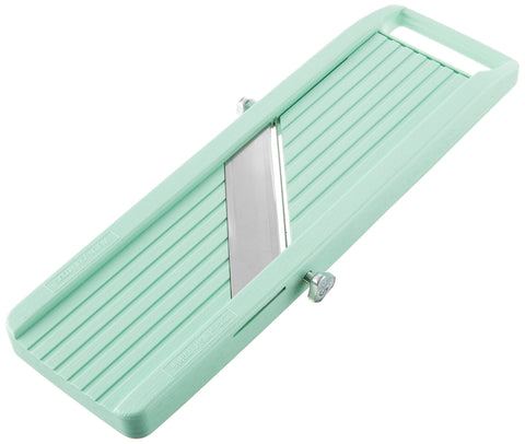 Benriner green front view showing compact mandoline and stable base for quick prep