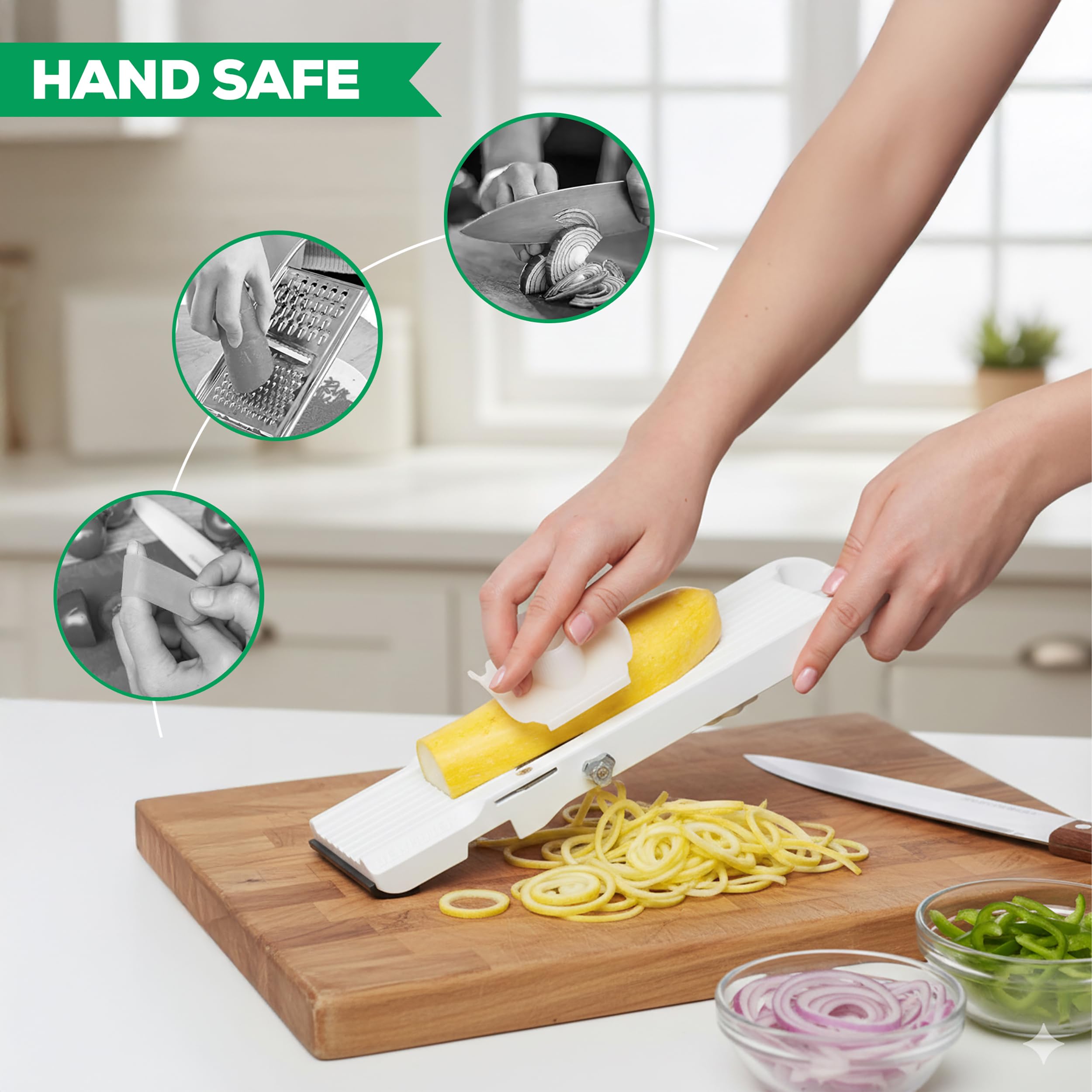 Benriner julienne blade creating uniform vegetable sticks for stir-fry