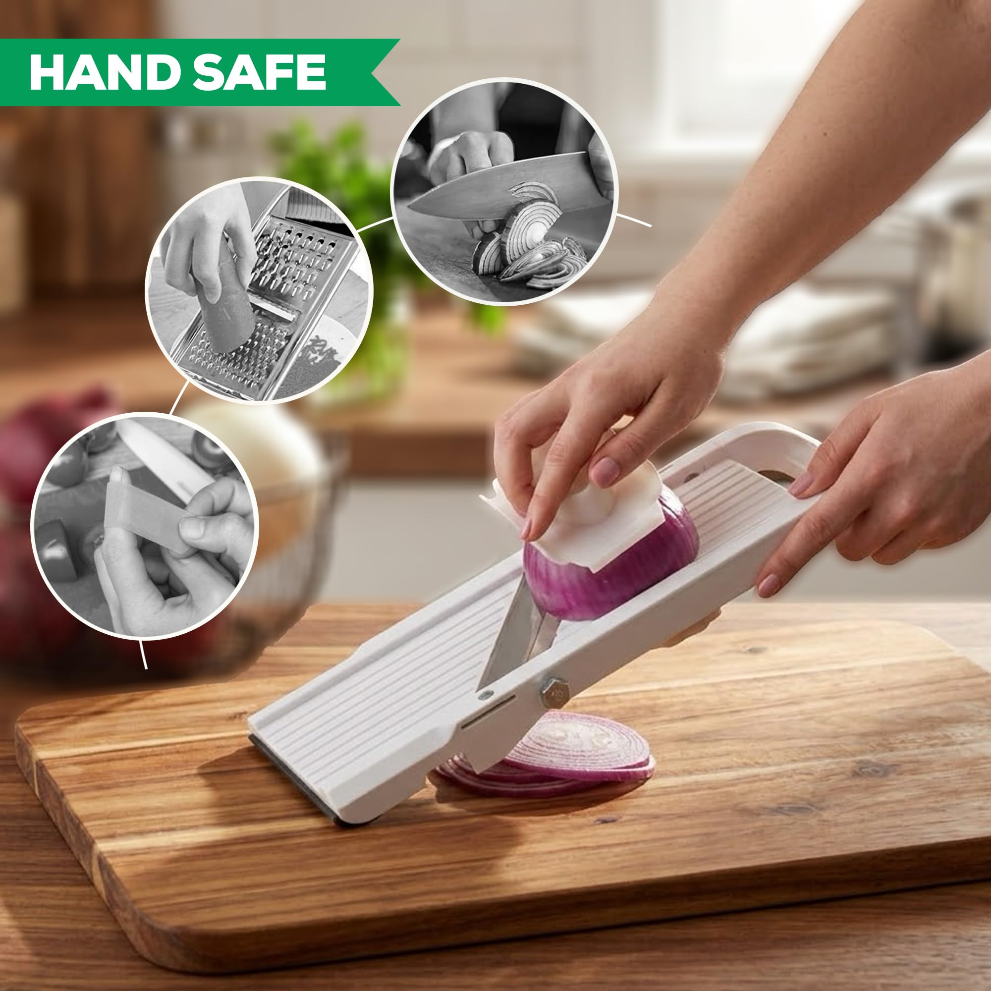Benriner safety guard holding produce to protect fingers and collect slices