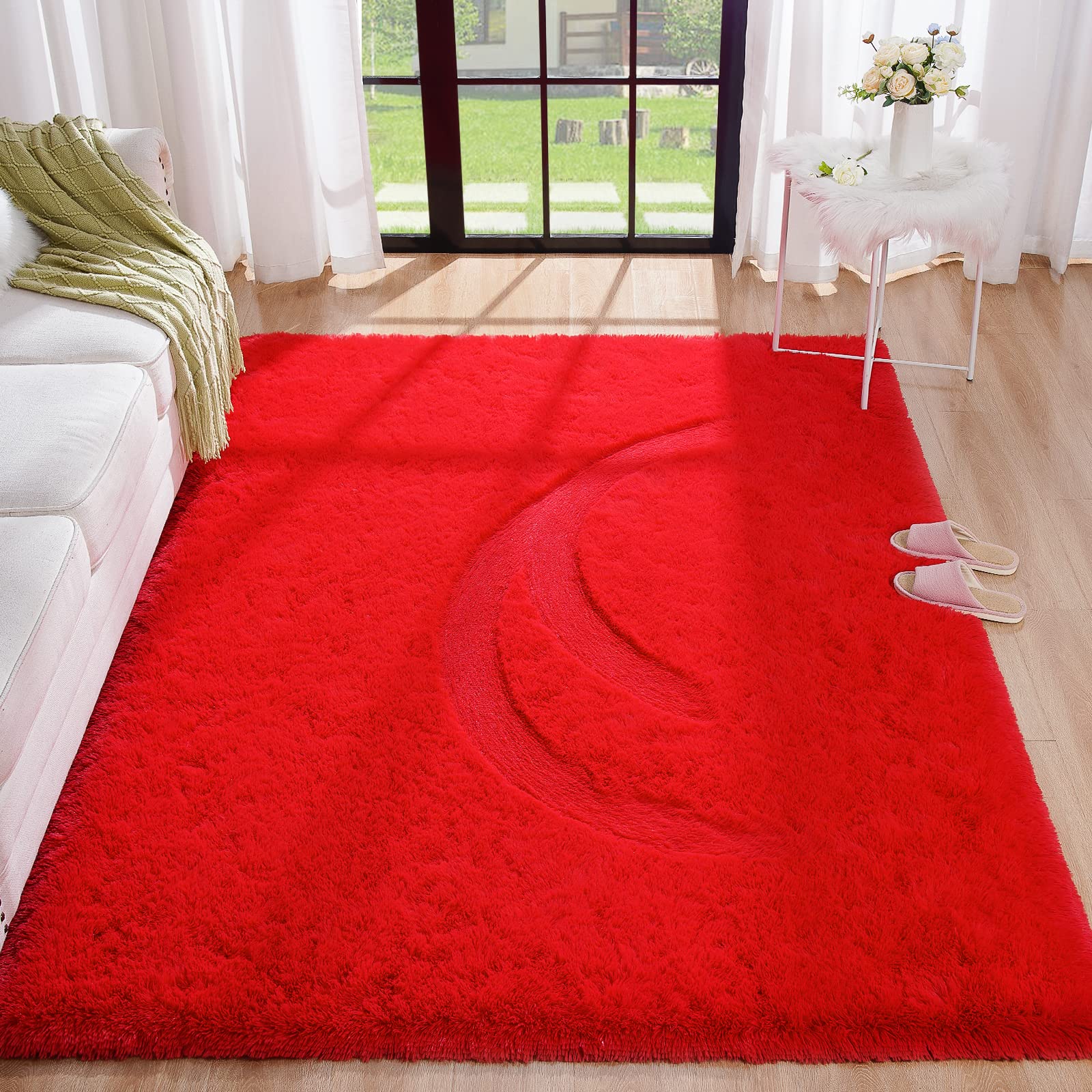 BENRON front view of red fluffy rug showing full 4x6 coverage and cozy appeal
