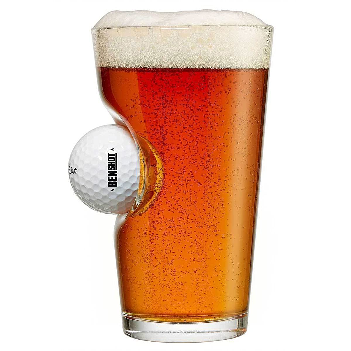 BenShot pint glass front view showing embedded ball and clear glass for display