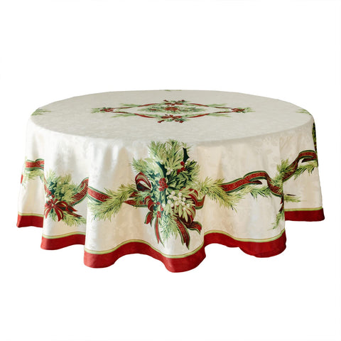 Benson Mills front view showing festive ribbons pattern and full table coverage