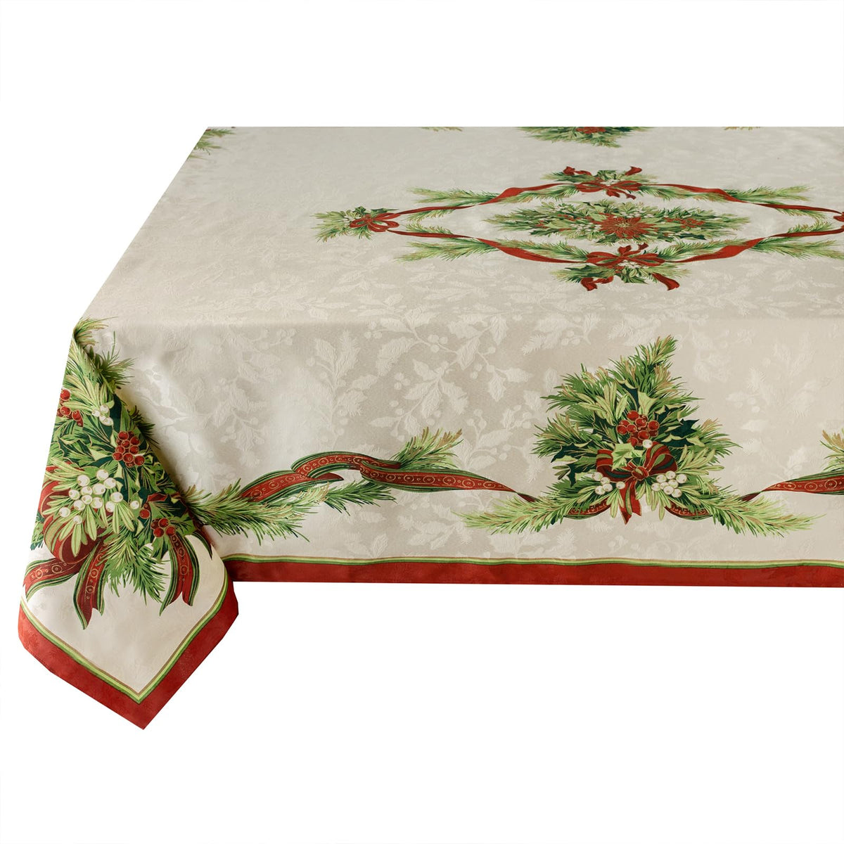 Benson Mills front view of holiday ribbon patterned tablecloth highlighting festive design