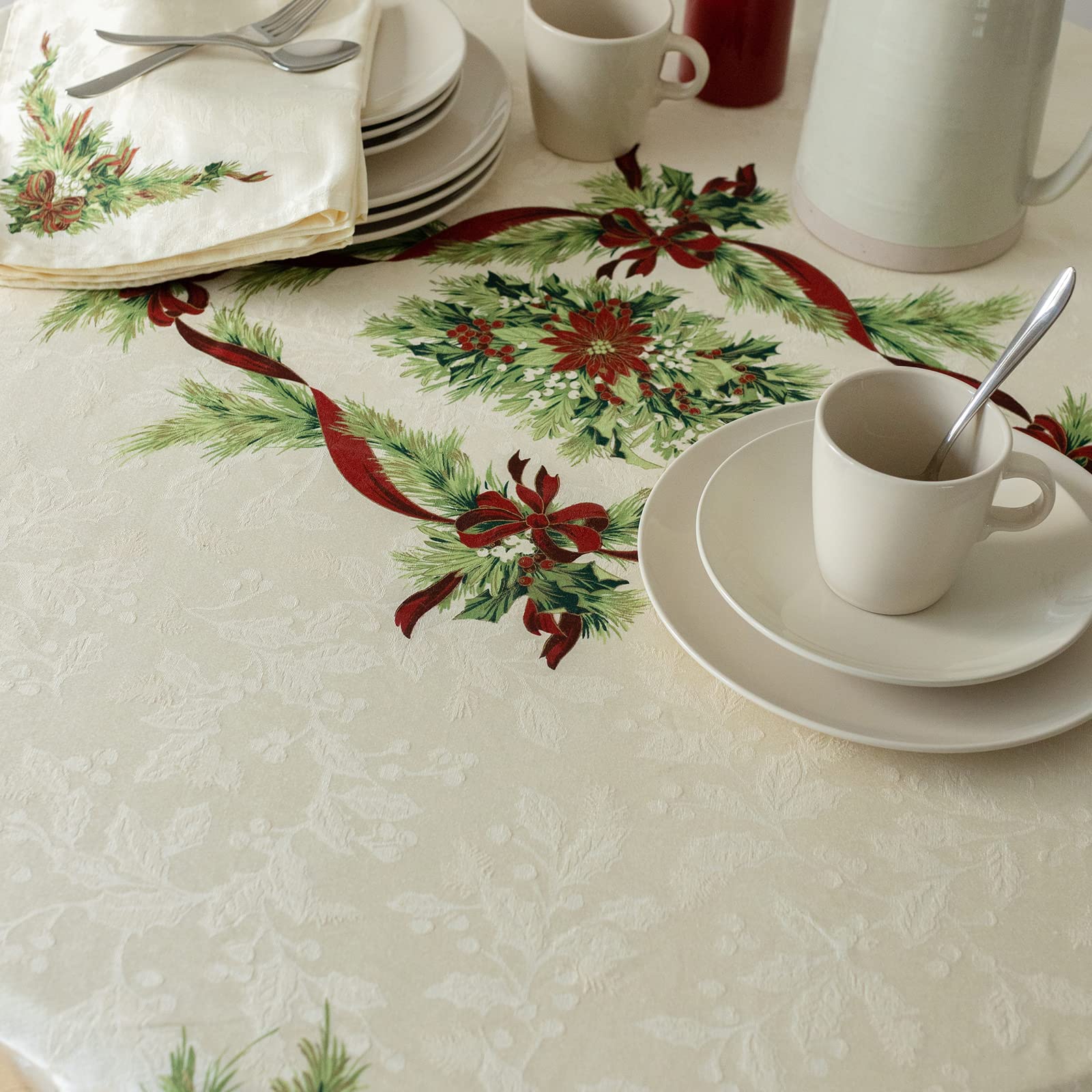 Benson Mills tablecloth in use during holiday meal with elegant setting