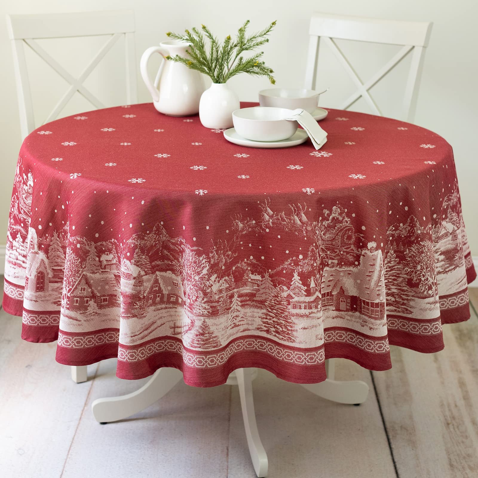 Benson Mills front view of round tablecloth packaging showing festive design and ease