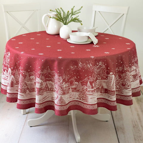 Benson Mills front view of round tablecloth packaging showing festive design and ease