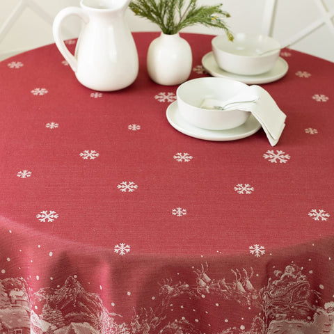 Benson Mills full tabletop with 70" round cloth creating an elegant holiday setting