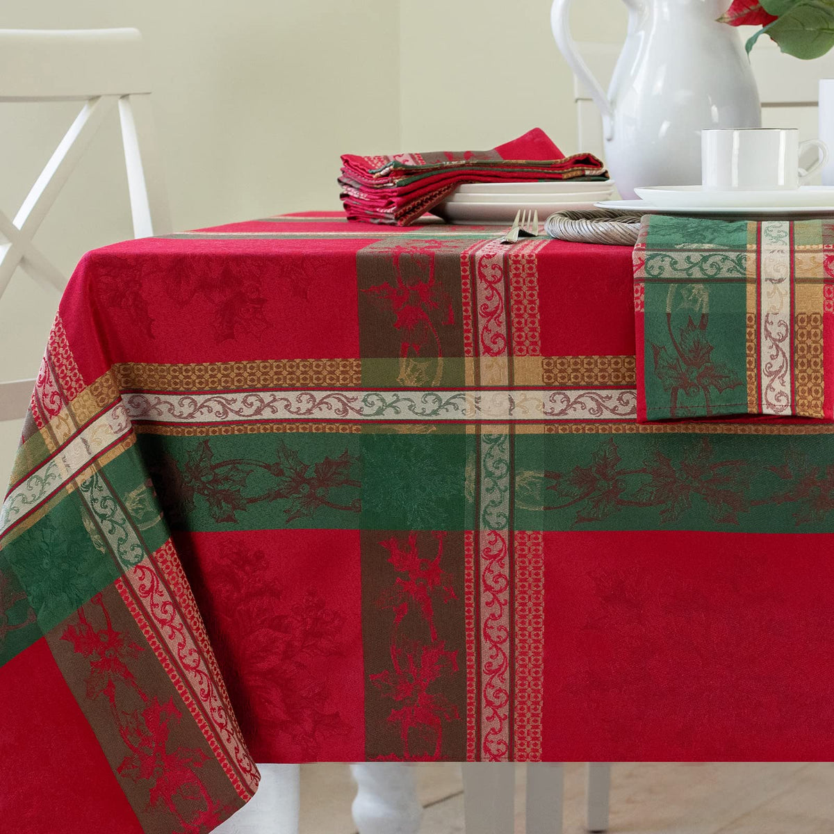 Benson Mills front view showing full festive plaid tablecloth and elegant presentation
