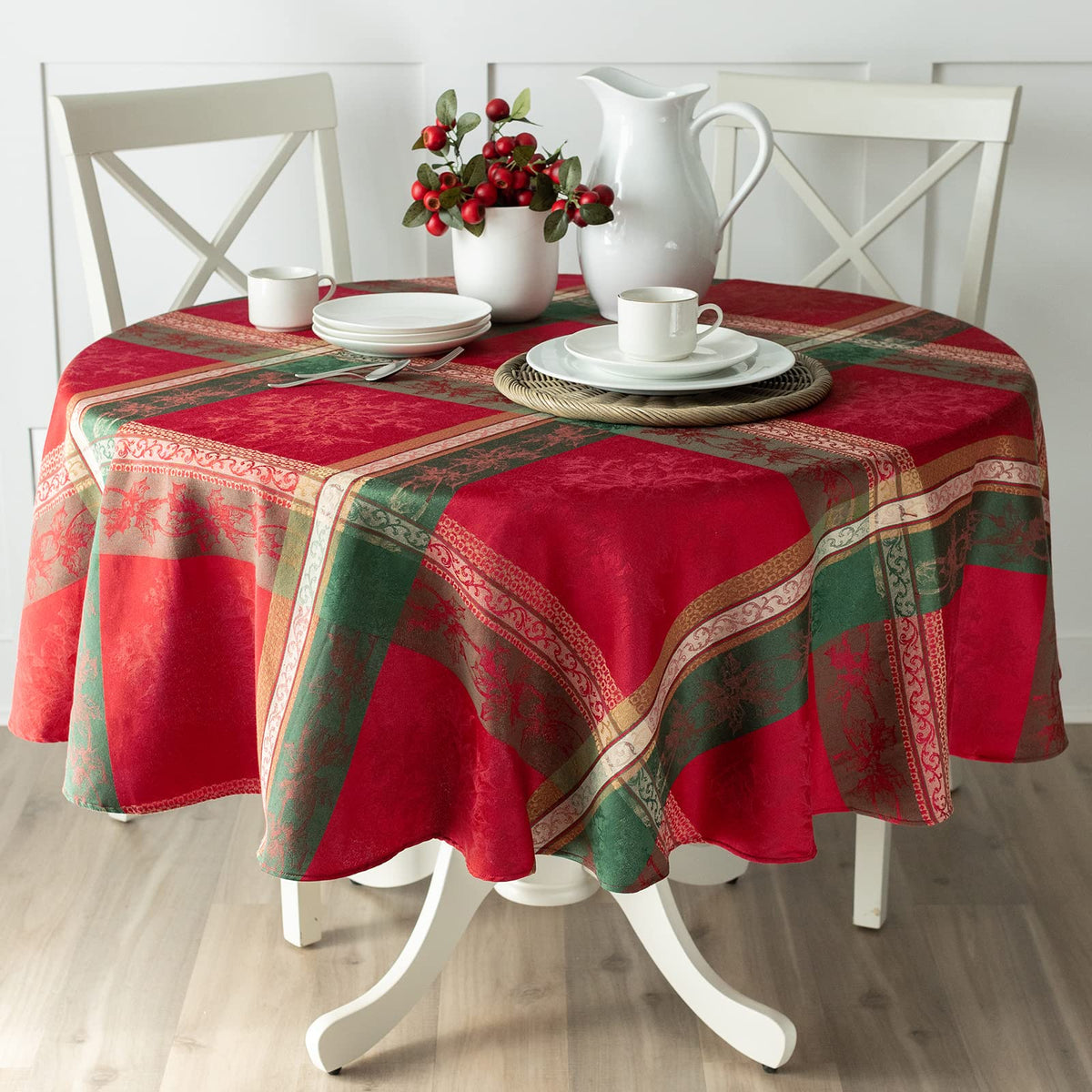 Benson Mills front view of 70-inch round tablecloth showing full plaid finish and festive look
