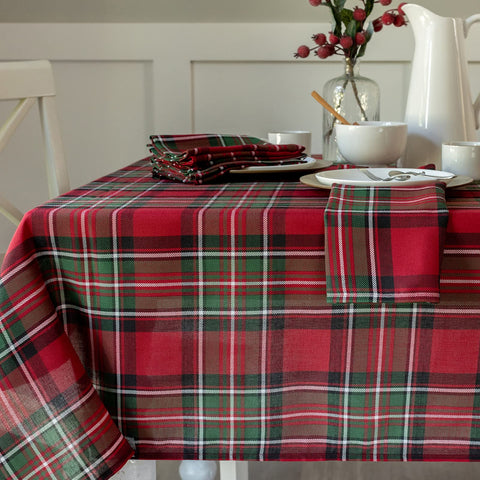 Benson Mills front view of red plaid rectangular tablecloth showing pattern and fit