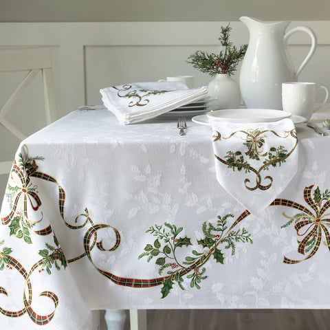 Benson Mills front view of Merry Ribbons tablecloth showing festive pattern and elegant coverage