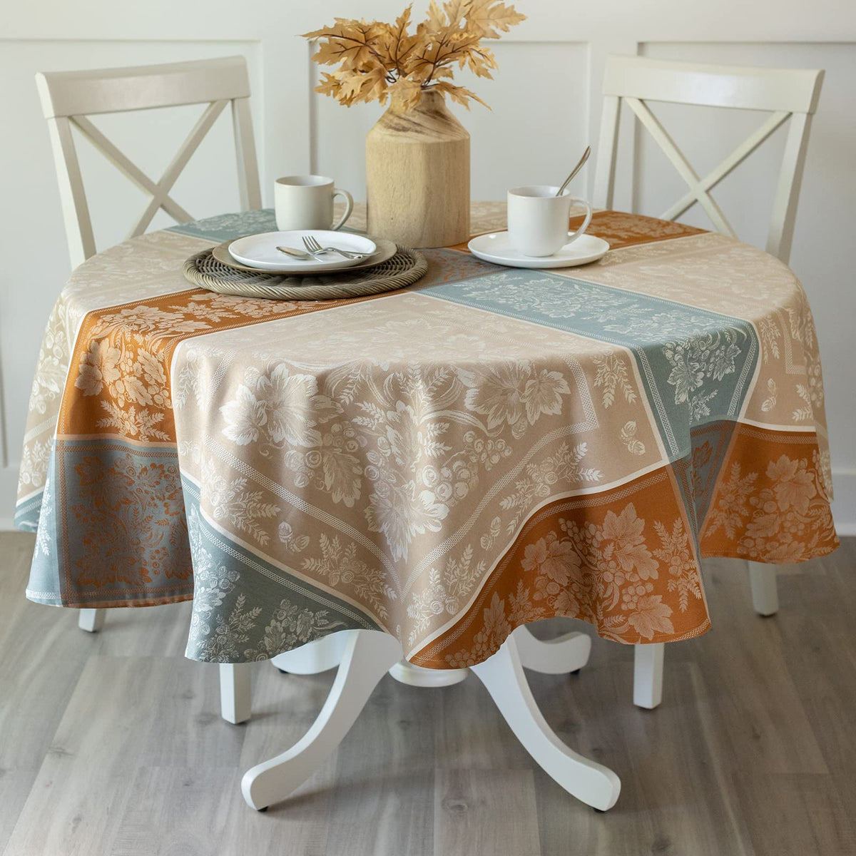 Benson Mills front view showing taupe jacquard pattern and autumn appeal