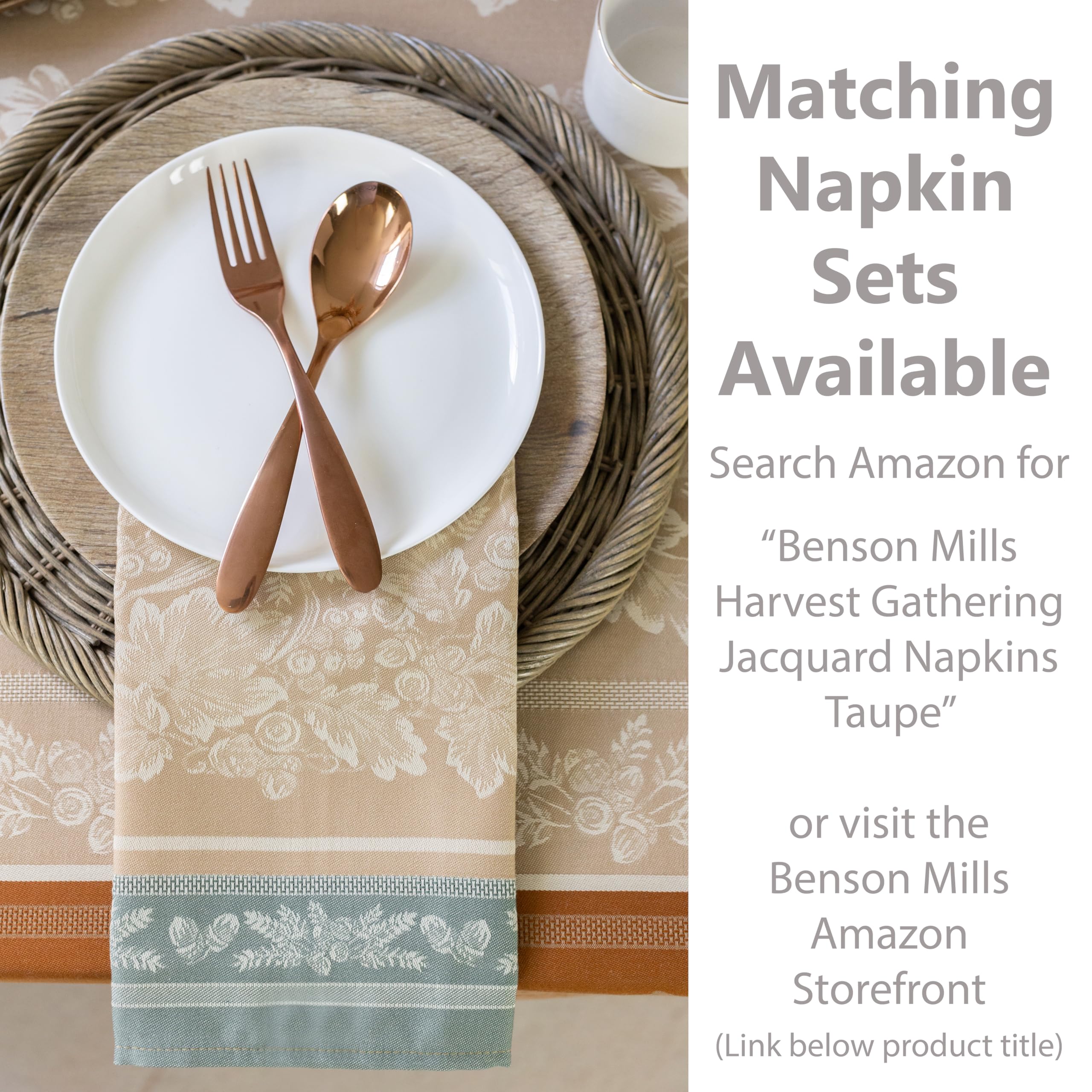 Benson Mills lifestyle shot of Thanksgiving feast on the tablecloth creating warm ambiance