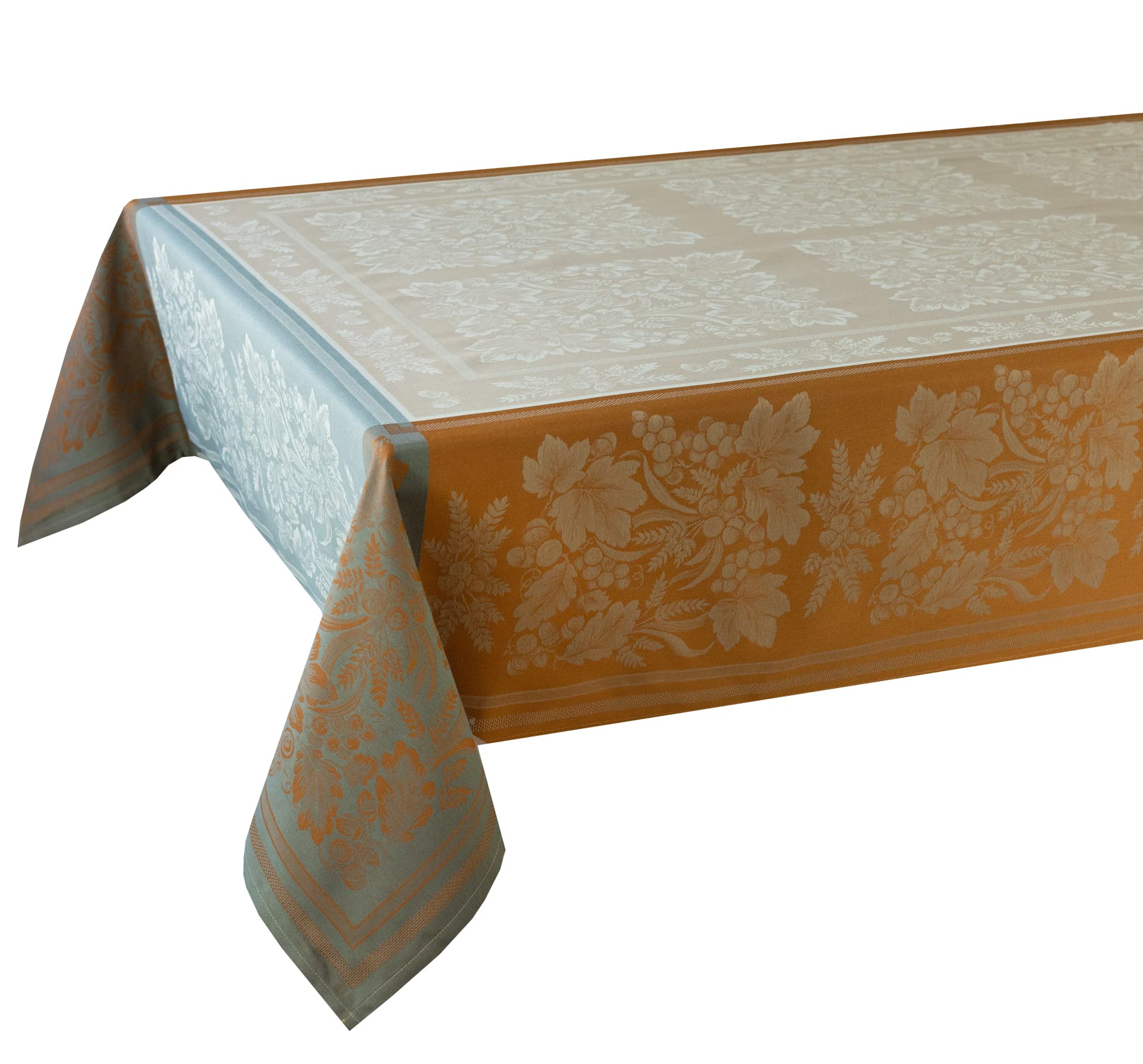 Benson Mills on dining table demonstrating 60x104 size and generous drop for scale