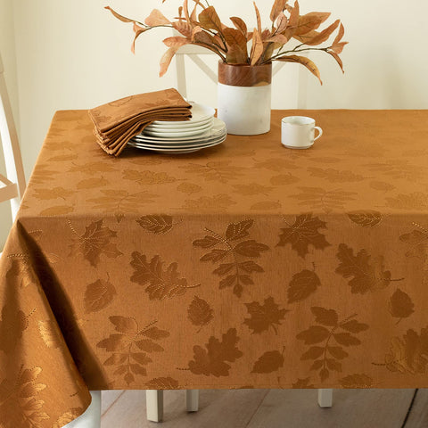 Benson Mills front view of amber-bronze damask tablecloth showing harvest pattern and warmth