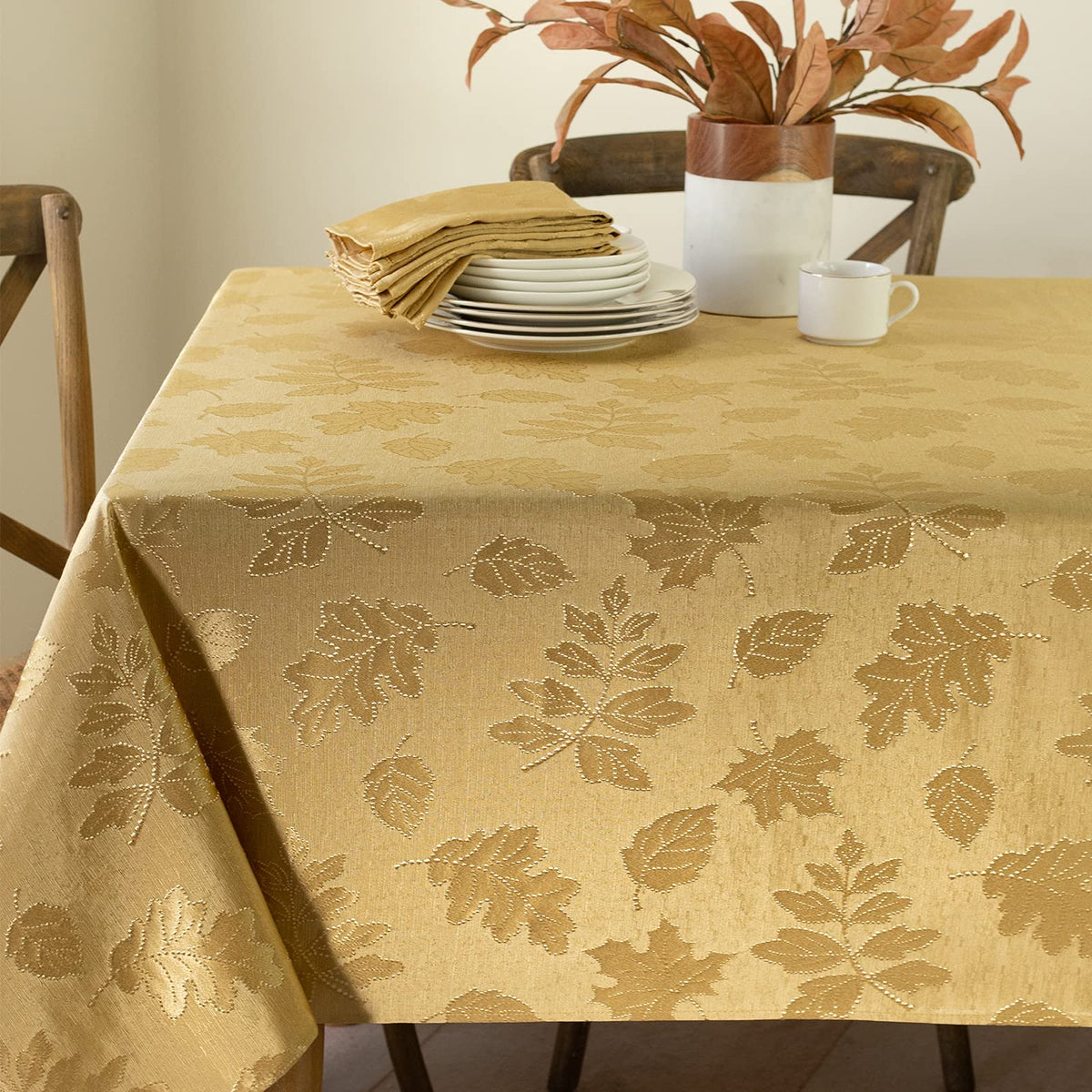 Benson Mills front view of gold damask tablecloth showing full pattern and fit