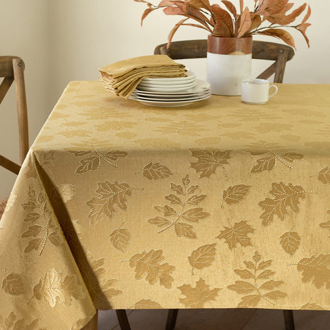 Benson Mills front view of gold damask tablecloth showing full pattern and fit