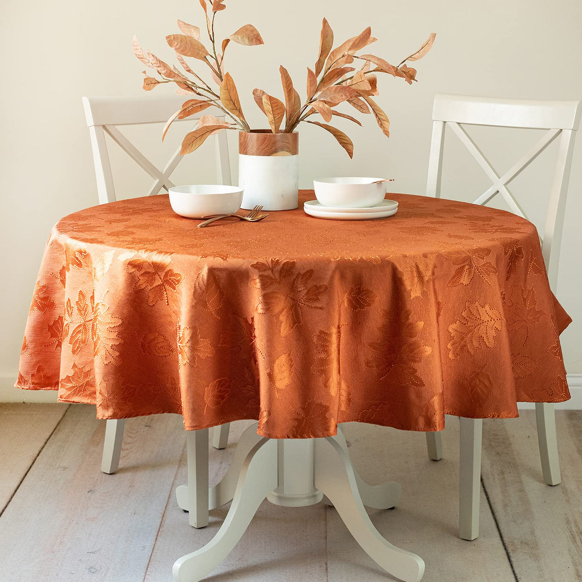 Benson Mills front view of rust damask tablecloth showing full pattern and finish