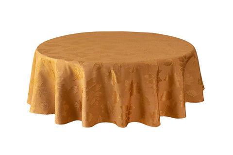 Benson Mills 70 inch tablecloth on round table showing coverage and drape benefits