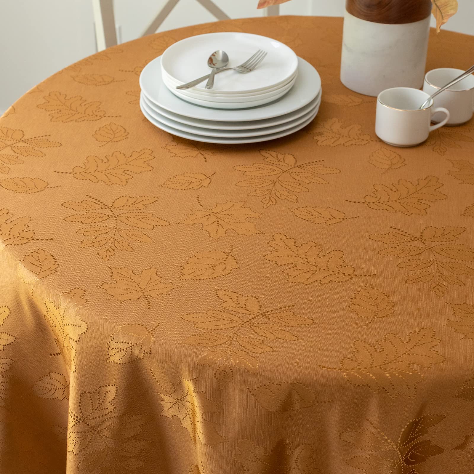 Benson Mills table setting with tablecloth styled for Thanksgiving dinner centerpiece