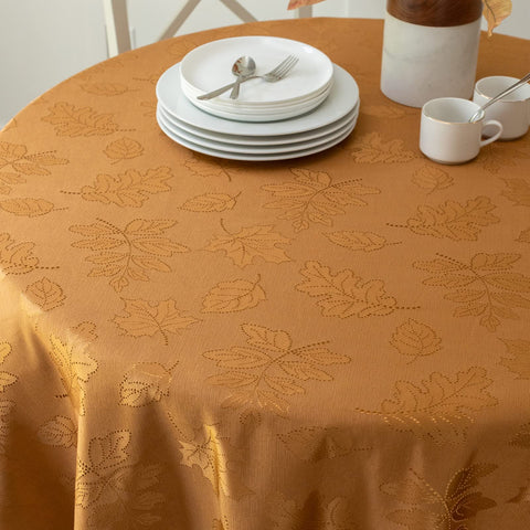 Benson Mills table setting with tablecloth styled for Thanksgiving dinner centerpiece