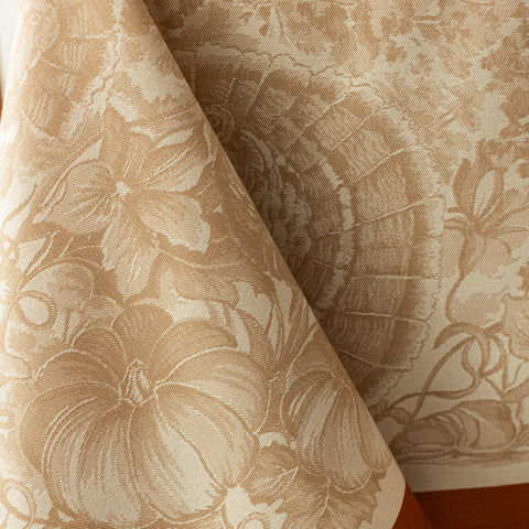 Benson Mills detail of wild turkey motif in jacquard weave, highlights seasonal design for Thanksgiving tables