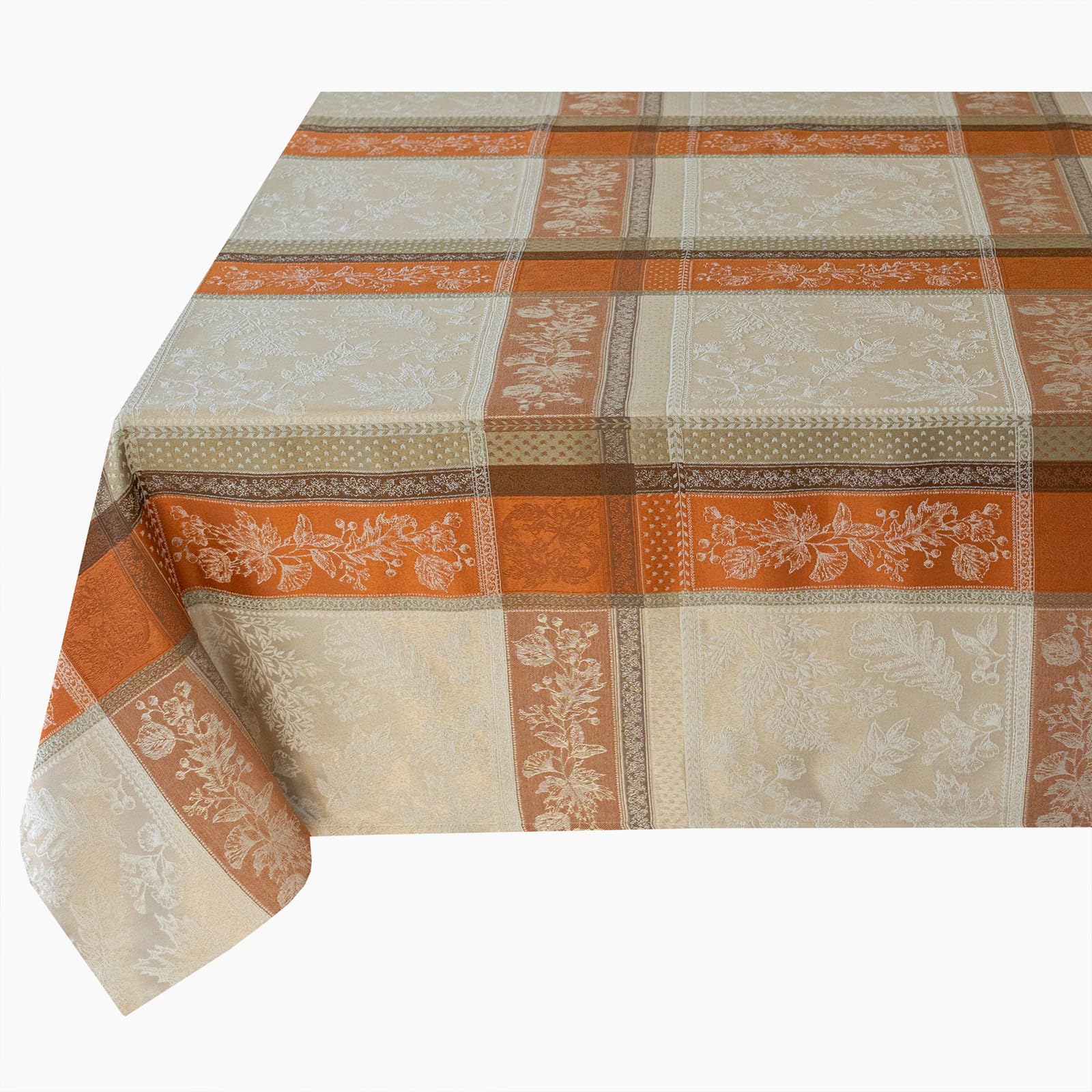 Benson Mills tablecloth with pumpkin centerpiece showing coordinated harvest decor