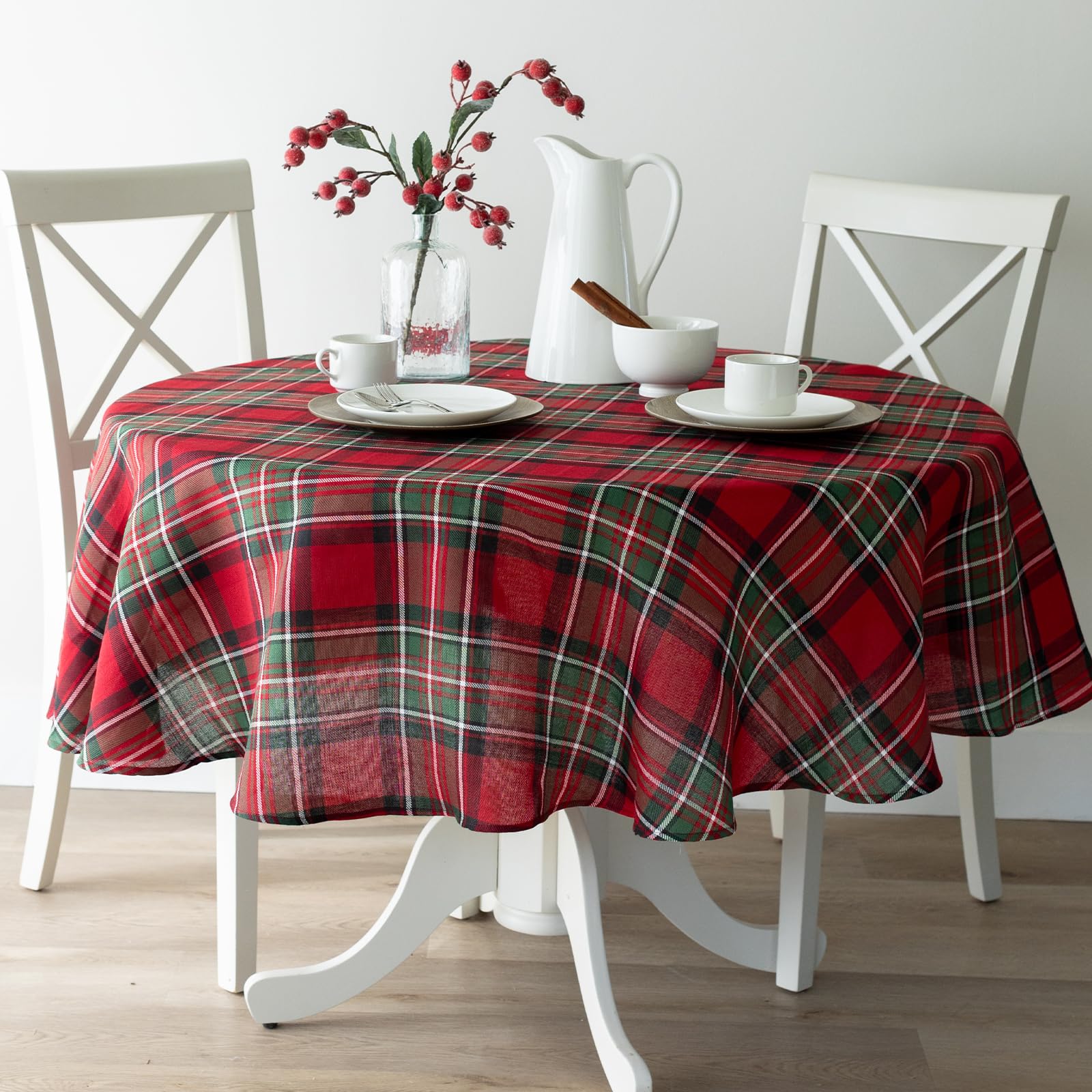 Benson Mills front view of red holiday plaid tablecloth highlighting festive pattern and color