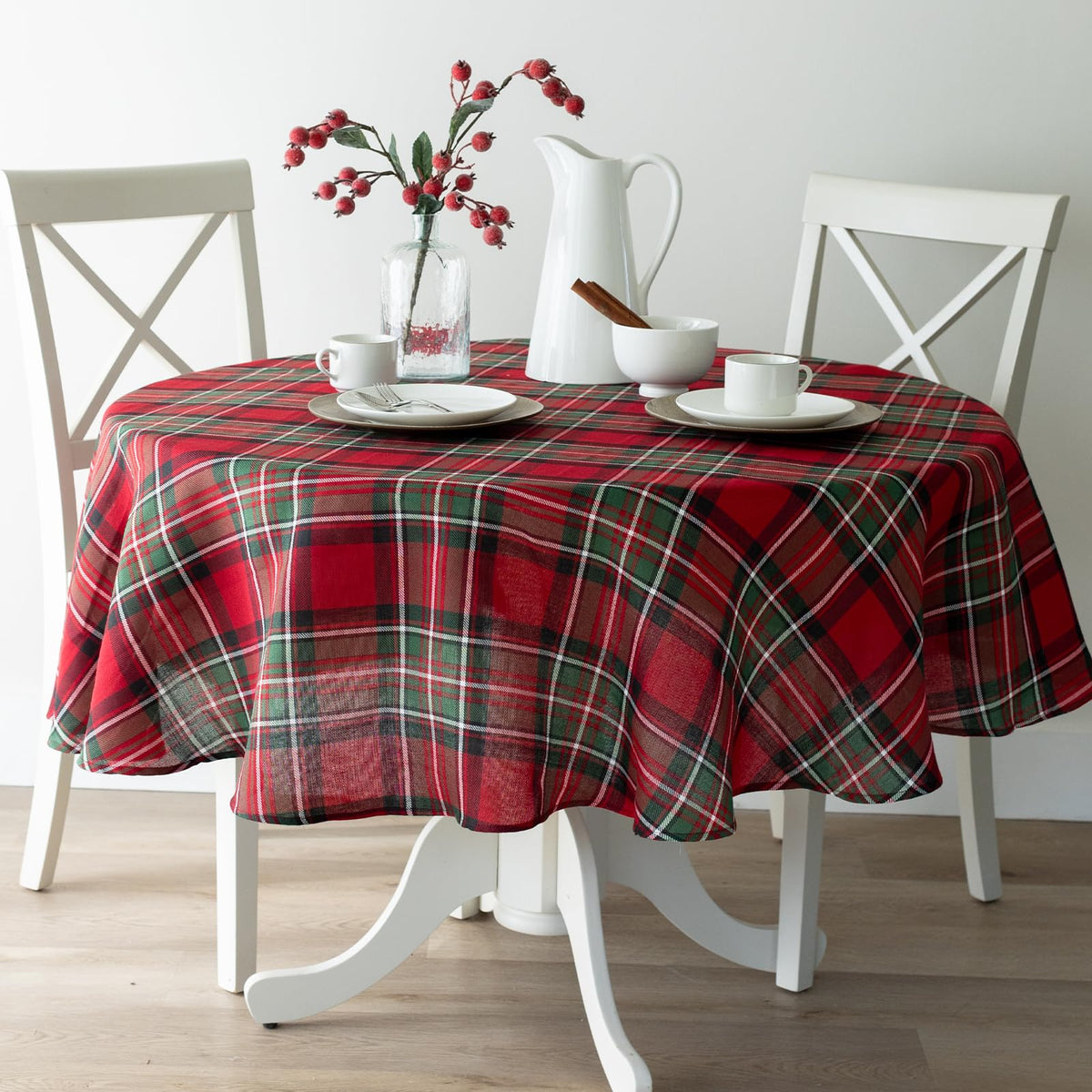 Benson Mills front view of red holiday plaid tablecloth highlighting festive pattern and color