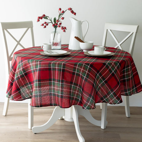 Benson Mills front view of red holiday plaid tablecloth highlighting festive pattern and color