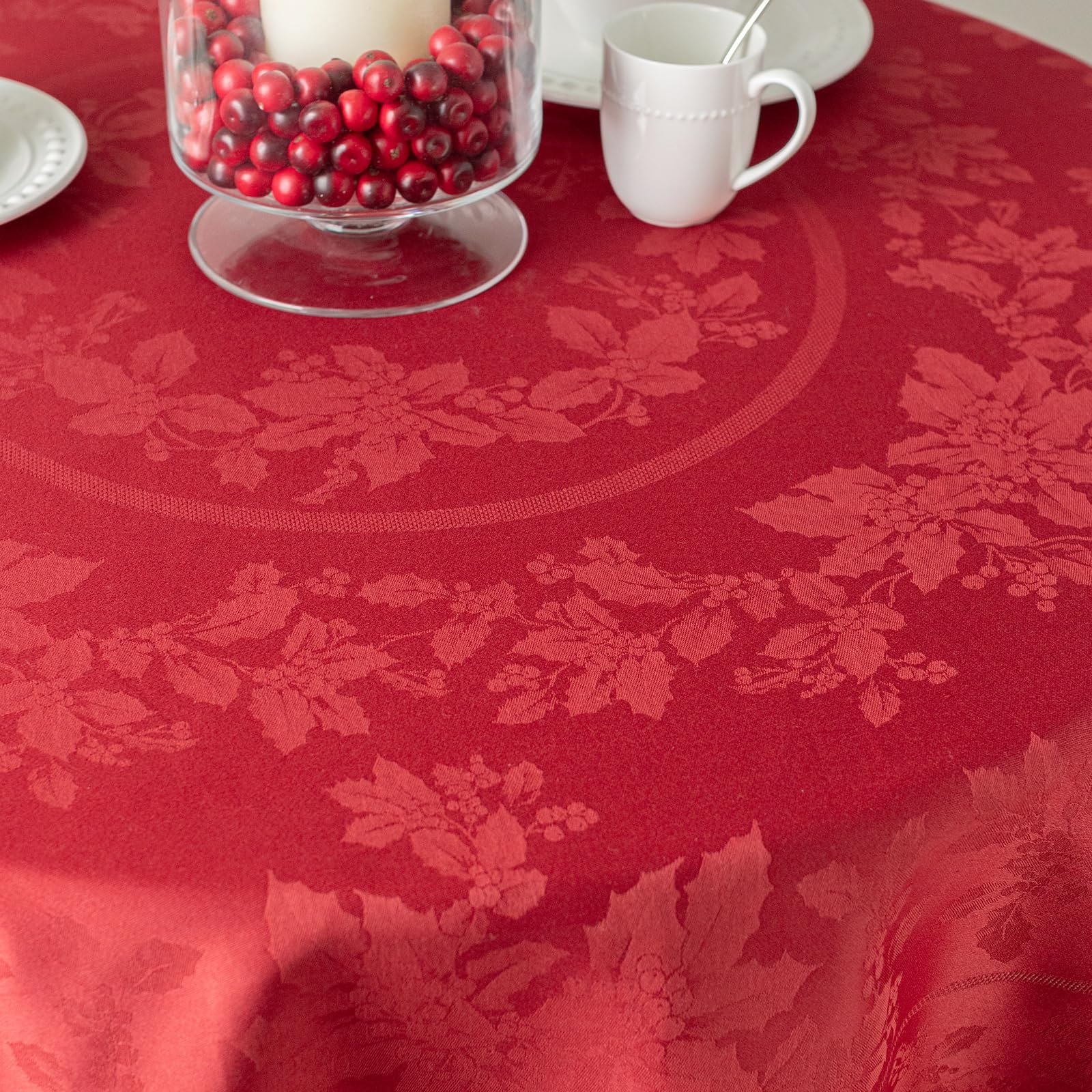 Benson Mills close-up of jacquard texture highlighting woven holly motifs and durable finish
