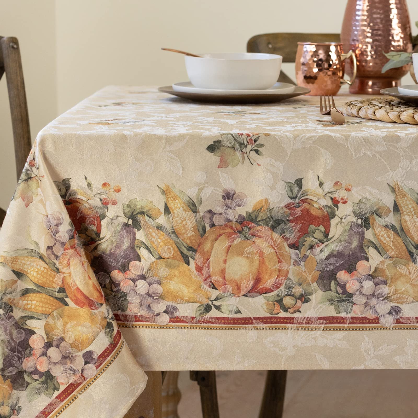 Benson Mills front view of the Jubilee tablecloth showing seasonal print and benefit of festive styling