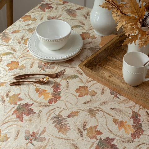 Benson Mills folded tablecloth in packaging illustrating neat storage and ready-to-use convenience