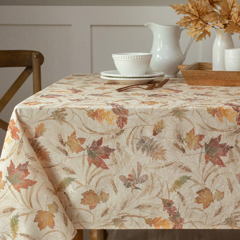 Benson Mills front view of Nature’s Leaves tablecloth showcasing fall leaf pattern and coverage