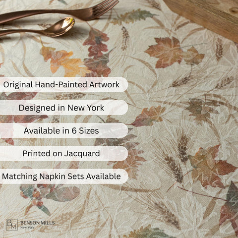 Benson Mills tablecloth with serving ware demonstrating scale and generous overhang