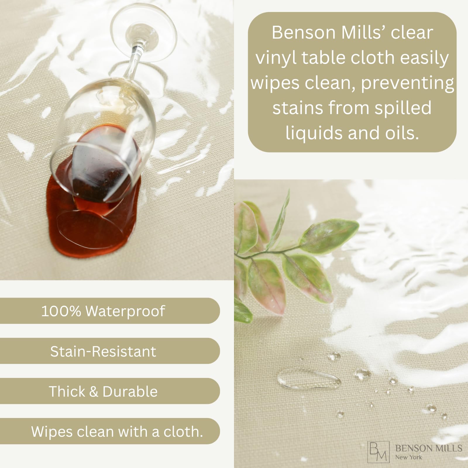 Benson Mills clear protector on wood table preserving grain while shielding from spills