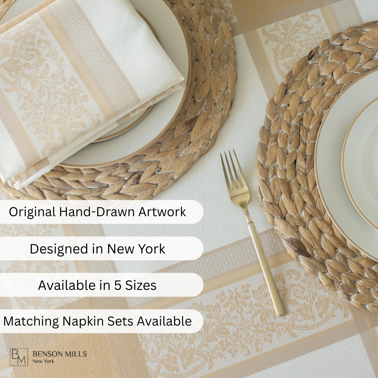 Benson Mills tablecloth in use with place settings for polished entertaining