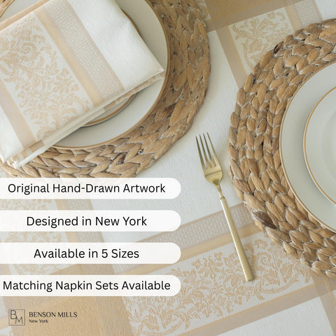 Benson Mills tablecloth in use with place settings for polished entertaining
