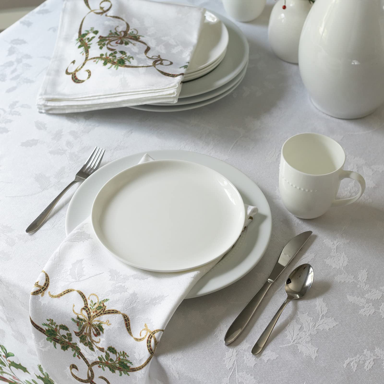 Benson Mills tablecloth staged with dinnerware to show fit and holiday styling benefit