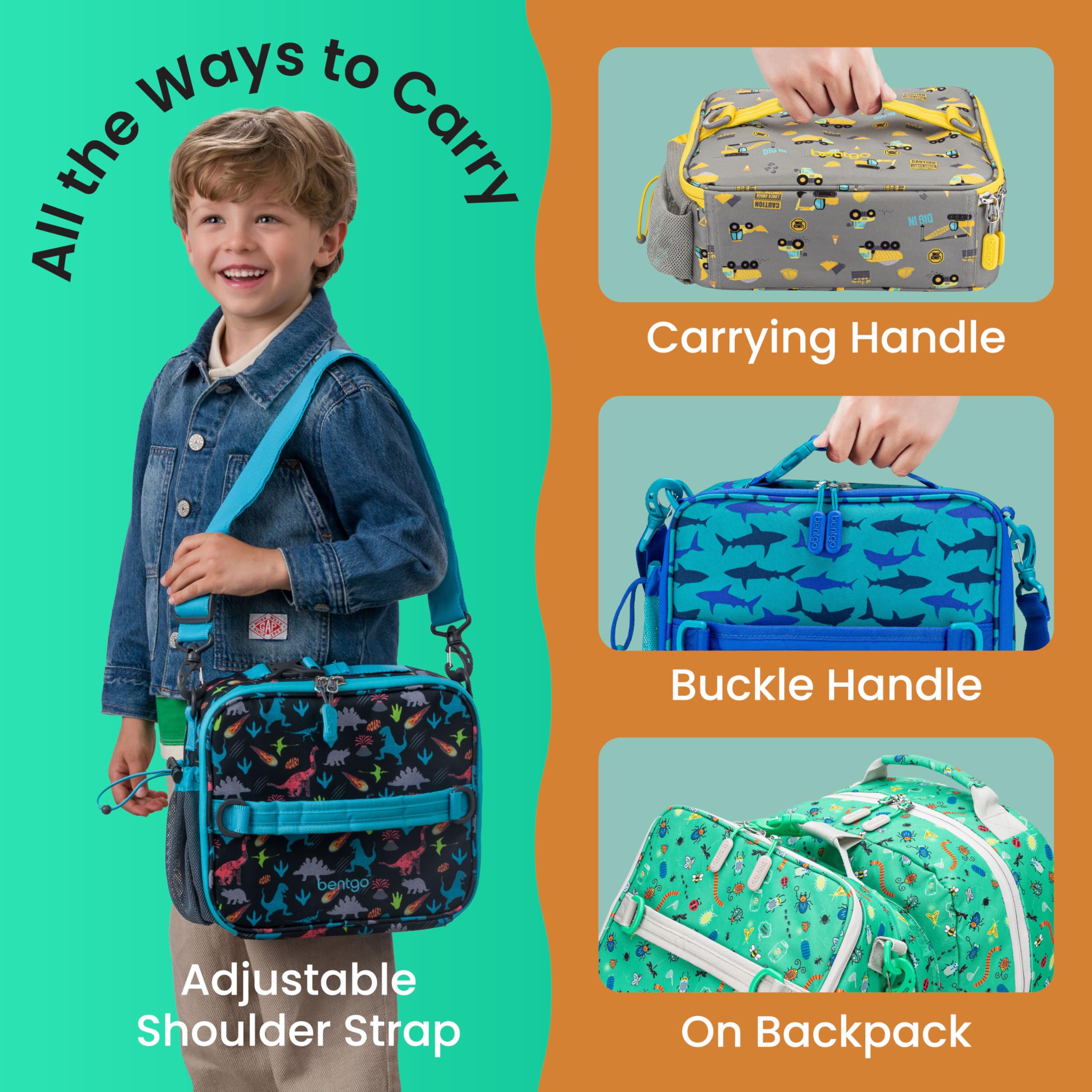 Bentgo bag clipped to backpack demonstrating hands-free carrying convenience