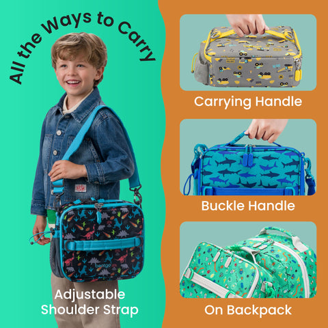 Bentgo bag clipped to backpack demonstrating hands-free carrying convenience