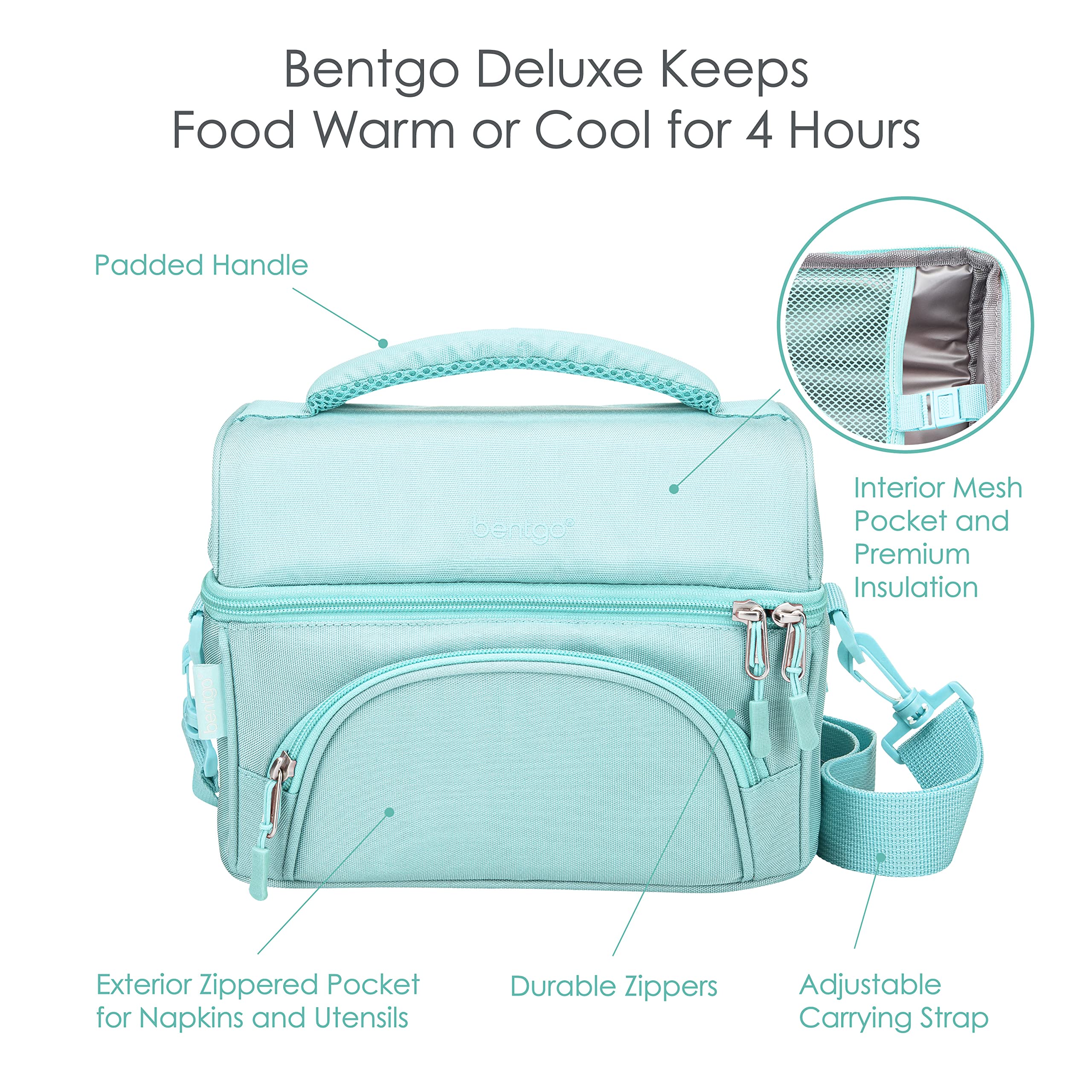 Bentgo adjustable strap and padded handle detail for comfortable carrying all day