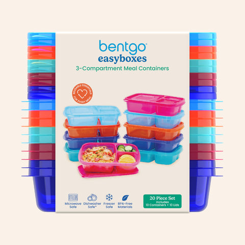 Bentgo Easyboxes beside a water bottle for size and portion scale comparison