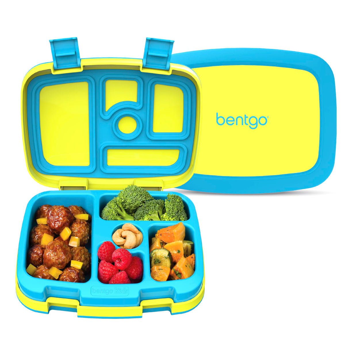 Bentgo front view showing five compartments and secure lid for organized meals