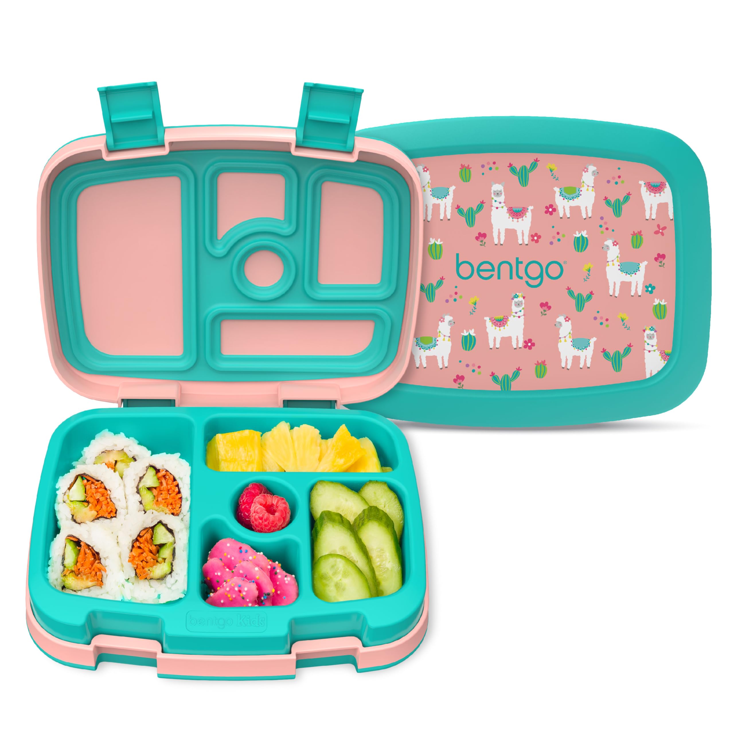 Bentgo front view showing colorful prints and compact portability benefit